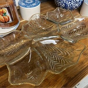 Vintage Jeanette Glass Feather Leaf Relish Dish Clear Glass with Gold Trim